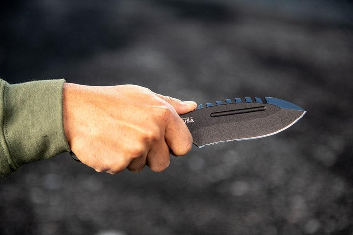 TOPS Knives Stryker Defender Tool Black Linen Micarta Traction Coating 1095HC - Knives.mx