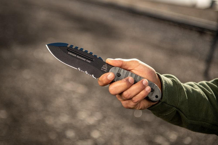 TOPS Knives Stryker Defender Tool Black Linen Micarta Traction Coating 1095HC - Knives.mx