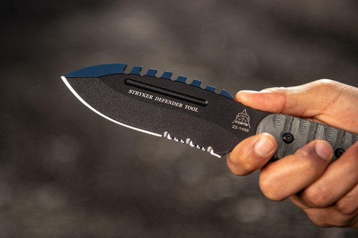 TOPS Knives Stryker Defender Tool Black Linen Micarta Traction Coating 1095HC - Knives.mx