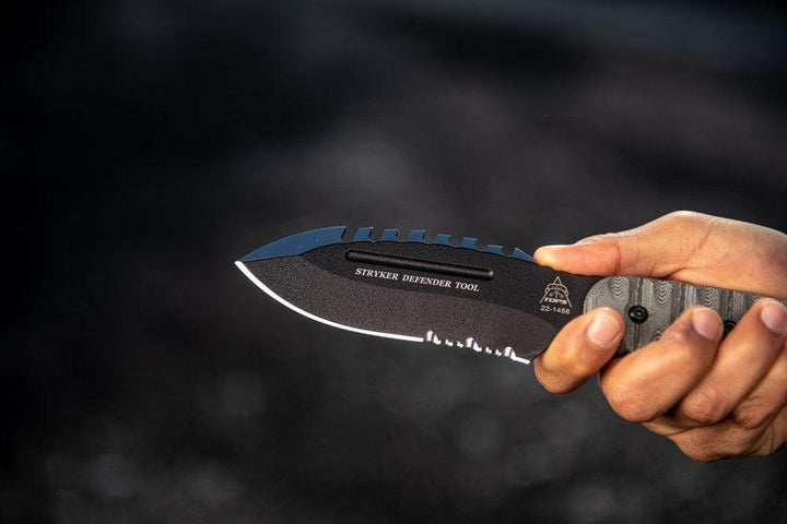 TOPS Knives Stryker Defender Tool Black Linen Micarta Traction Coating 1095HC - Knives.mx