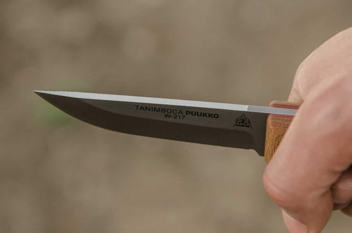 TOPS Knives Tanimboca Puukko Tan Canvas Micarta Tumble 1095HC - Knives.mx