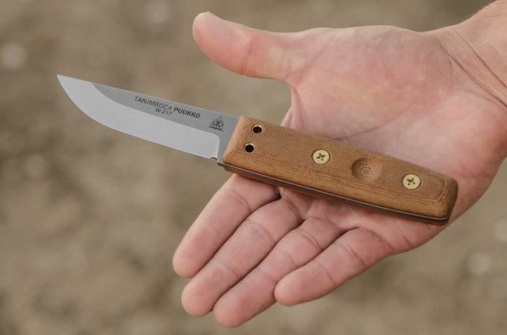 TOPS Knives Tanimboca Puukko Tan Canvas Micarta Tumble 1095HC - Knives.mx