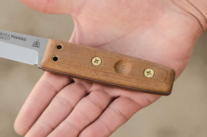 TOPS Knives Tanimboca Puukko Tan Canvas Micarta Tumble 1095HC - Knives.mx