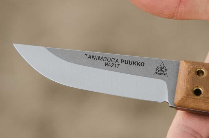TOPS Knives Tanimboca Puukko Tan Canvas Micarta Tumble 1095HC - Knives.mx