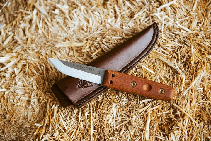 TOPS Knives Tanimboca Puukko Tan Canvas Micarta Tumble 1095HC - Knives.mx