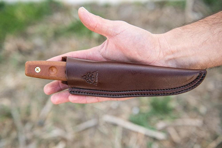 TOPS Knives Tanimboca Puukko Tan Canvas Micarta Tumble 1095HC - Knives.mx
