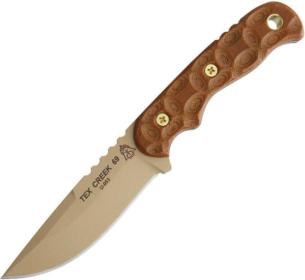 TOPS Knives Tex Creek 69 Tan Canvas Micarta Rocky Mountain Coyote 1095HC - Knives.mx