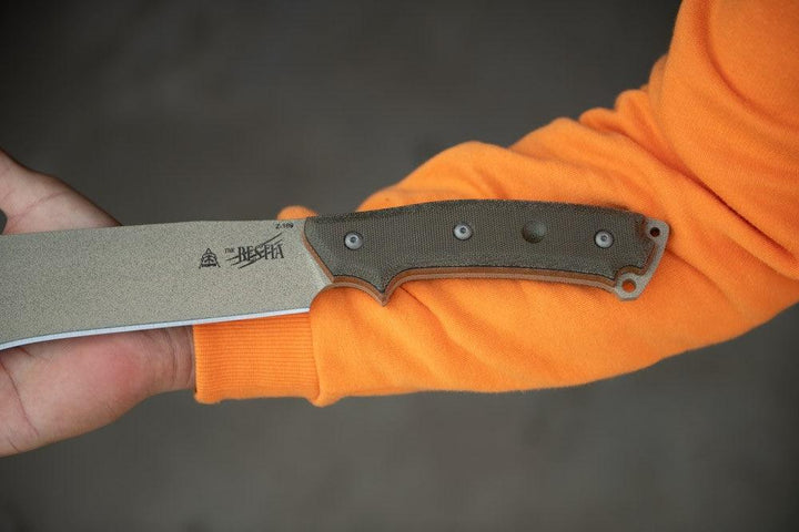 TOPS Knives The Bestia Tan/Green Canvas Micarta Tactical Stone 1095HC - Knives.mx