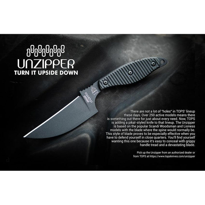 TOPS Knives Unzipper Blackout G10 Traction coated 1095HC - Knives.mx