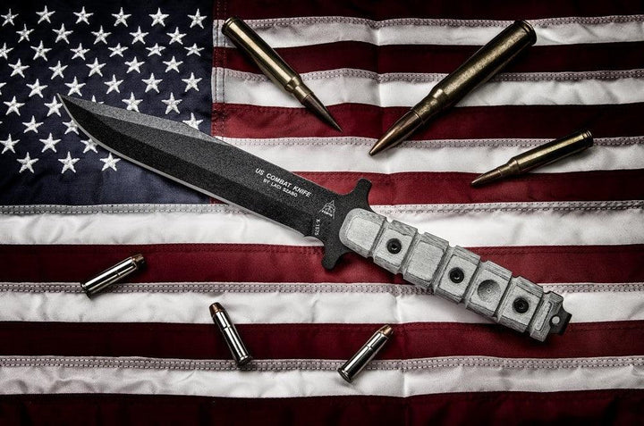 TOPS Knives US Combat Knife Black Linen Micarta Black Traction Coating 1095HC - Knives.mx