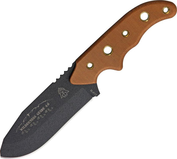 TOPS Knives Wilderness Guide 4.0 Tan Canvas Micarta Black Traction Coating 1095HC - Knives.mx