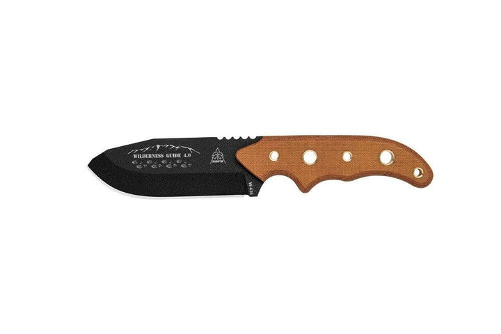 TOPS Knives Wilderness Guide 4.0 Tan Canvas Micarta Black Traction Coating 1095HC - Knives.mx