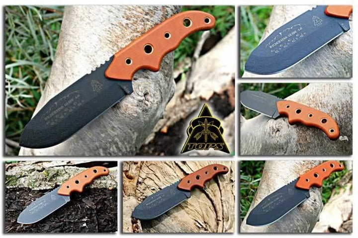 TOPS Knives Wilderness Guide 4.0 Tan Canvas Micarta Black Traction Coating 1095HC - Knives.mx