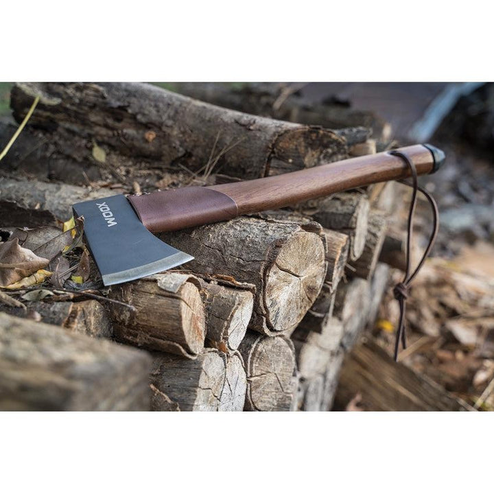 WOOX AX1 Bushcraft Axe Walnut Appalachian Hickory Black Cerakote Tempered Carbon Steel - Knives.mx