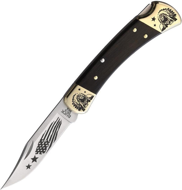 Yellowhorse Custom Buck 110 Lockback Ebony Wood Chief Artwork Clip Point 420HC - Knives.mx