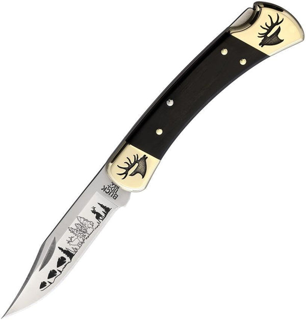 Yellowhorse Custom Buck 110 Lockback Ebony Wood Elk Artwork Clip Point 420HC - Knives.mx