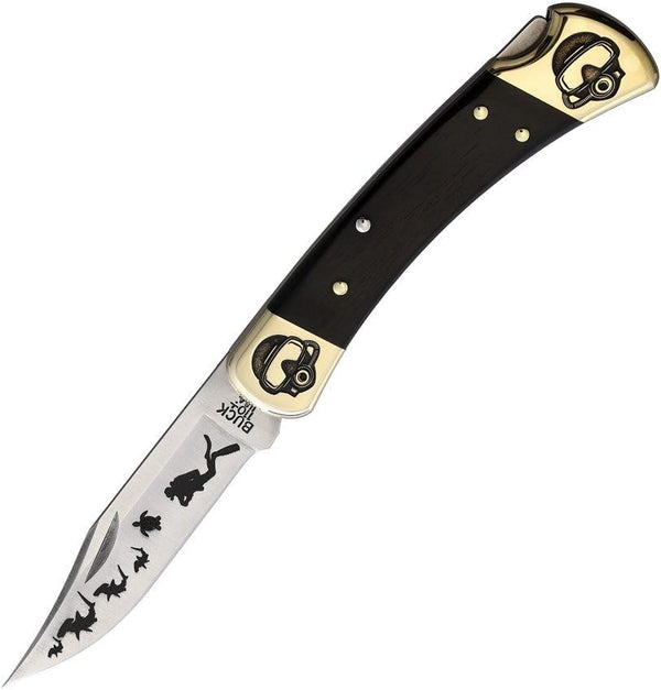 Yellowhorse Custom Buck 110 Lockback Ebony Wood Scuba Artwork Clip Point 420HC - Knives.mx