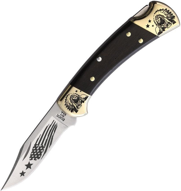 Yellowhorse Custom Buck 112 Lockback Ebony Wood Chief Artwork Clip Point 420HC - Knives.mx