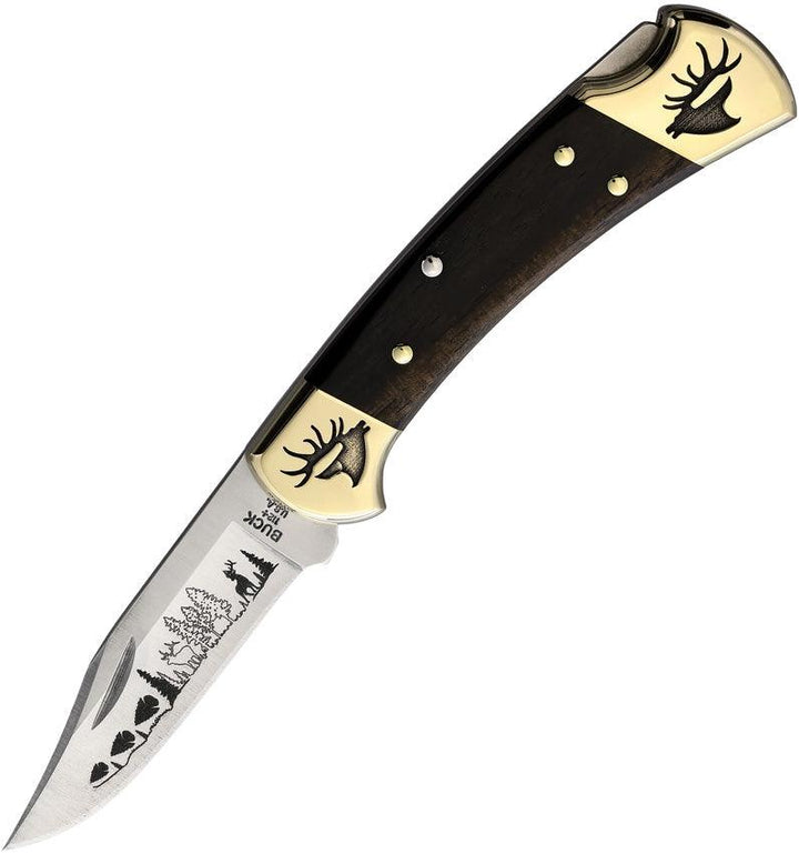 Yellowhorse Custom Buck 112 Lockback Ebony Wood Elk Artwork Clip Point 420HC - Knives.mx